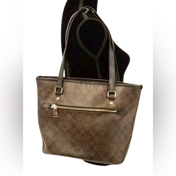 Coach Signature brown black Monogram Tote handbag shoulder bag Zip Top - Picture 2 of 7